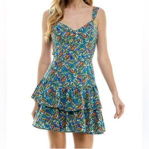 City Studio LIKE NEW tropical blue print floral tiered ruffle skirt mini dress